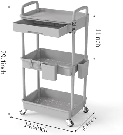 3 Tier Rolling Utility Cart with Drawer, Plastic Storage Organizer Rolling Carts with Wheels Handles Hanging, alternate view