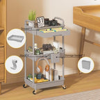 3 Tier Rolling Utility Cart with Drawer, Plastic Storage Organizer Rolling Carts with Wheels Handles Hanging, alternate view