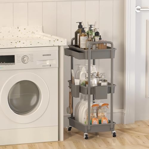 3 Tier Rolling Utility Cart with Drawer, Plastic Storage Organizer Rolling Carts with Wheels Handles Hanging, alternate view
