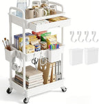 3 Tier Rolling Utility Cart with Drawer, Plastic Storage Organizer Rolling Carts with Wheels Handles Hanging