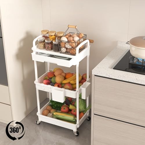 3 Tier Rolling Utility Cart with Drawer, Plastic Storage Organizer Rolling Carts with Wheels Handles Hanging, alternate view