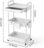 3 Tier Rolling Utility Cart with Drawer, Plastic Storage Organizer Rolling Carts with Wheels Handles Hanging, alternate view