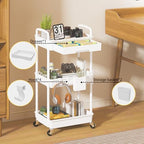 3 Tier Rolling Utility Cart with Drawer, Plastic Storage Organizer Rolling Carts with Wheels Handles Hanging, alternate view