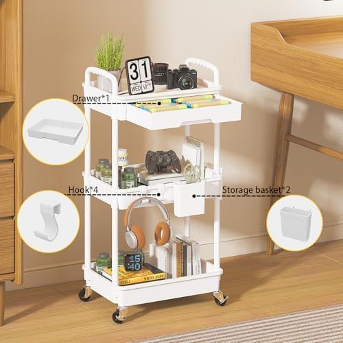 3 Tier Rolling Utility Cart with Drawer, Plastic Storage Organizer Rolling Carts with Wheels Handles Hanging, alternate view