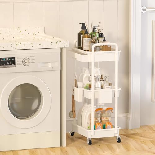 3 Tier Rolling Utility Cart with Drawer, Plastic Storage Organizer Rolling Carts with Wheels Handles Hanging, alternate view