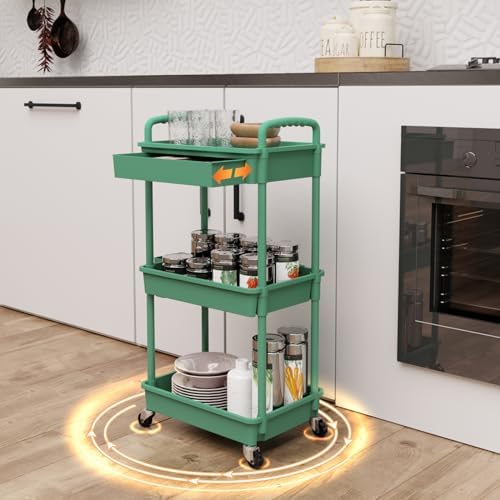 3 Tier Rolling Utility Cart with Drawer, Rolling Storage Cart, Storage Cart for Kitchen, Bathroom, Living Room, alternate