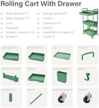 3 Tier Rolling Utility Cart with Drawer, Rolling Storage Cart, Storage Cart for Kitchen, Bathroom, Living Room, alternate