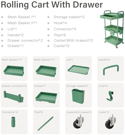 3 Tier Rolling Utility Cart with Drawer, Rolling Storage Cart, Storage Cart for Kitchen, Bathroom, Living Room, alternate
