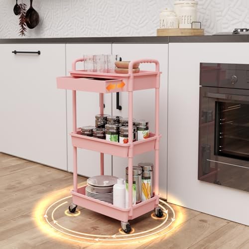 3 Tier Rolling Utility Cart with Drawer, Storage Cart, Rolling Cart for Kitchen, Bathroom, Living Room, Storage, alternate