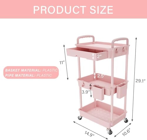 3 Tier Rolling Utility Cart with Drawer, Storage Cart, Rolling Cart for Kitchen, Bathroom, Living Room, Storage, alternate