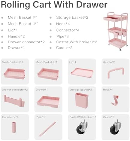3 Tier Rolling Utility Cart with Drawer, Storage Cart, Rolling Cart for Kitchen, Bathroom, Living Room, Storage, alternate