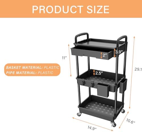 3 Tier Rolling Utility Cart with Drawer, Utility Cart Made of Multifunctional Storage Organizer Tool for, alternate view 3