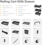 3 Tier Rolling Utility Cart with Drawer, Utility Cart Made of Multifunctional Storage Organizer Tool for, alternate view 5