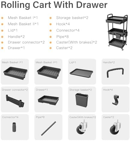 3 Tier Rolling Utility Cart with Drawer, Utility Cart Made of Multifunctional Storage Organizer Tool for, alternate view 5