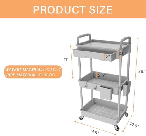 3 Tier Rolling Utility Cart with Drawer, Utility Cart Made of Multifunctional Storage Organizer Tool for, alternate view 3