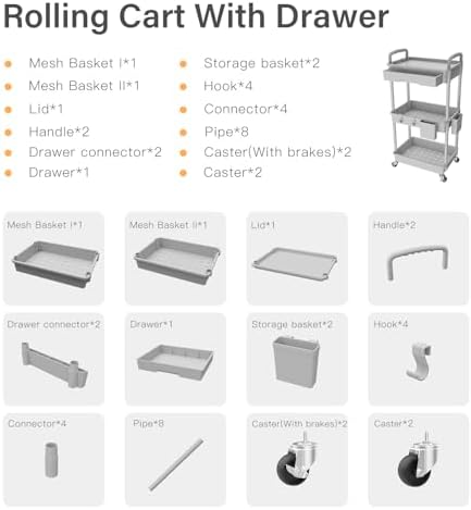 3 Tier Rolling Utility Cart with Drawer, Utility Cart Made of Multifunctional Storage Organizer Tool for, alternate view 5