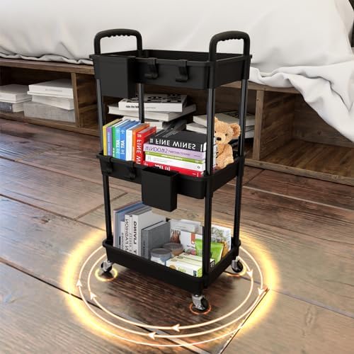 3 Tier Rolling Utility Cart with Handle, Utility Cart Made of Multifunctional Storage Organizer Tool for, alternate view 2