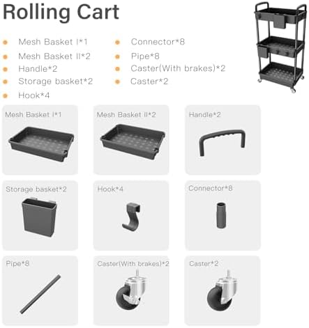 3 Tier Rolling Utility Cart with Handle, Utility Cart Made of Multifunctional Storage Organizer Tool for, alternate view 5