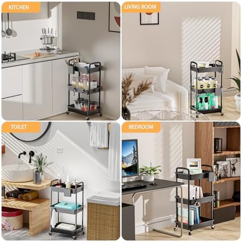 3 Tier Rolling Utility Cart with Handle, Utility Cart Made of Multifunctional Storage Organizer Tool for, alternate view 6