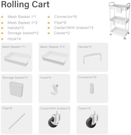 3 Tier Rolling Utility Cart with Handle, Utility Cart Made of Multifunctional Storage Organizer Tool for, alternate view 5