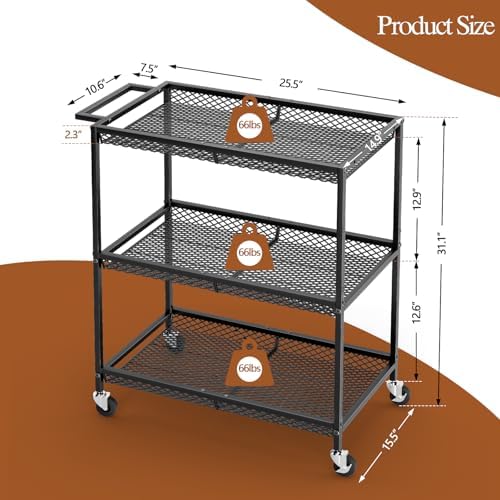 3 Tier Rolling Utility Kitchen Cart, Heavy Duty Wire Rolling Cart on Wheels, Commercial Metal Serving Carts with, alternate