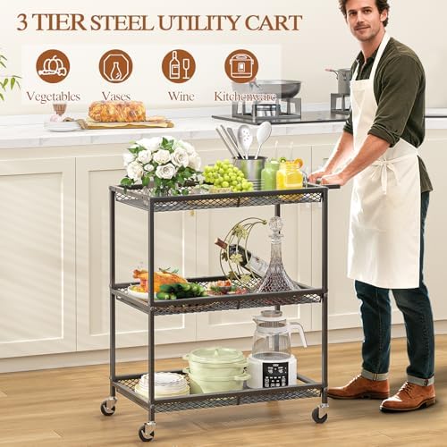 3 Tier Rolling Utility Kitchen Cart, Heavy Duty Wire Rolling Cart on Wheels, Commercial Metal Serving Carts with, alternate