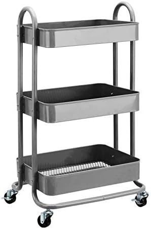 3-Tier Rolling Utility or Kitchen Cart, Lockable Wheels, Multifunctional Storage, Mobile Shelving Unit, Metal