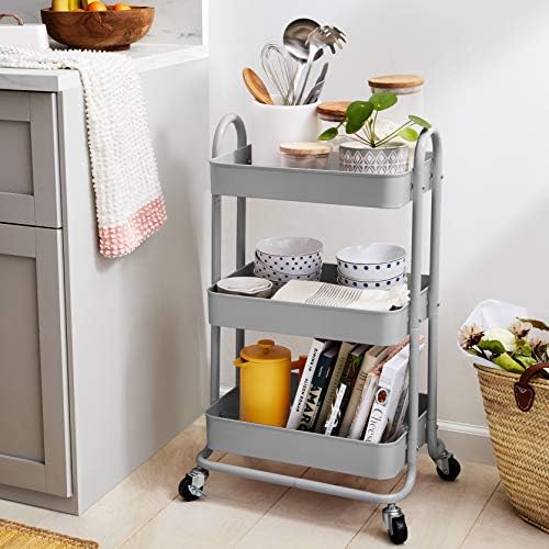 3-Tier Rolling Utility or Kitchen Cart, Lockable Wheels, Multifunctional Storage, Mobile Shelving Unit, Metal, alternate view