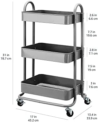 3-Tier Rolling Utility or Kitchen Cart, Lockable Wheels, Multifunctional Storage, Mobile Shelving Unit, Metal, alternate view