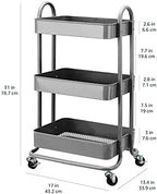 3-Tier Rolling Utility or Kitchen Cart, Lockable Wheels, Multifunctional Storage, Mobile Shelving Unit, Metal, alternate view