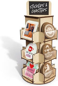 3 Tier Rotating Sticker Display Stand for Vendors, Natural Wooden Countertop Organizer Shelf for Coasters