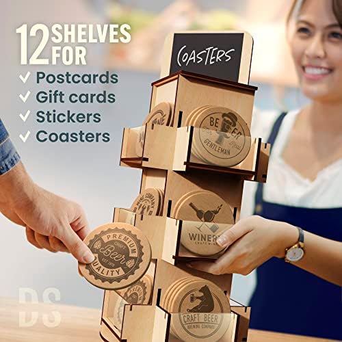 3 Tier Rotating Sticker Display Stand for Vendors, Natural Wooden Countertop Organizer Shelf for Coasters, alternate view 4