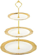 3 Tier Round Ceramic Cupcake Stand Gold Rim White Serving Tray in White, Gold