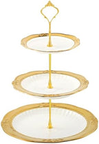 3 Tier Round Ceramic Cupcake Stand Gold Rim White Serving Tray in White, Gold