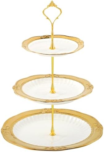 3 Tier Round Ceramic Cupcake Stand Gold Rim White Serving Tray in White, Gold