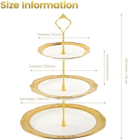 3 Tier Round Ceramic Cupcake Stand Gold Rim White Serving Tray in White, Gold, alternate view 3