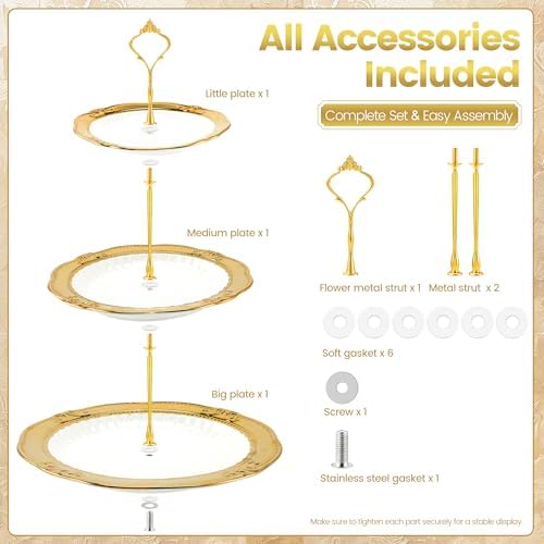 3 Tier Round Ceramic Cupcake Stand Gold Rim White Serving Tray in White, Gold, alternate view 4