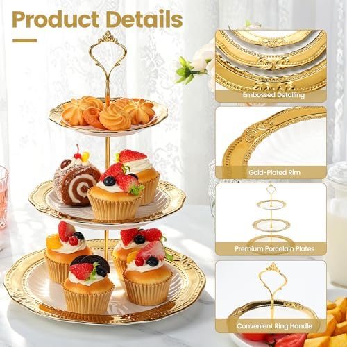 3 Tier Round Ceramic Cupcake Stand Gold Rim White Serving Tray in White, Gold, alternate view 5