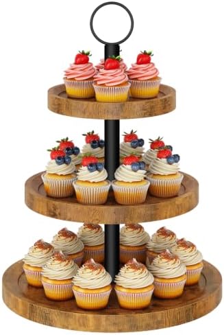 3 Tier Round Cupcake Display Stand, Wood Cake Stand, TLJ029H in Brown