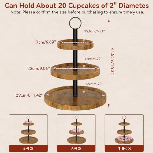 3 Tier Round Cupcake Display Stand, Wood Cake Stand, TLJ029H in Brown, alternate view 3