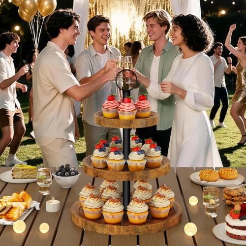 3 Tier Round Cupcake Display Stand, Wood Cake Stand, TLJ029H in Brown, alternate view 6