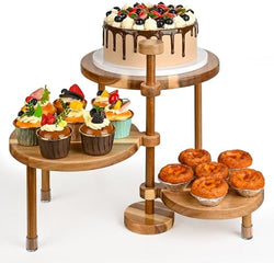 3 Tier Round Cupcake Stand, 360° Rotatable Acacia Wood Cake Stand Cupcake Tower, Rustic Wooden Tiered Dessert