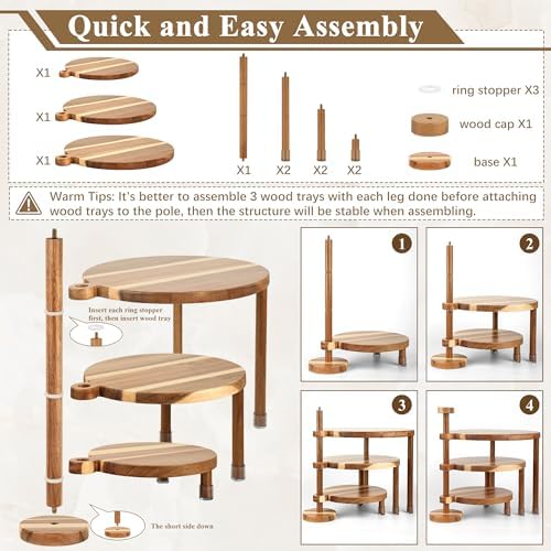 3 Tier Round Cupcake Stand, 360° Rotatable Acacia Wood Cake Stand Cupcake Tower, Rustic Wooden Tiered Dessert, alternate view