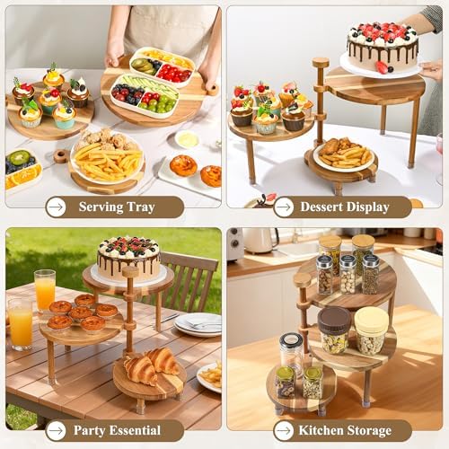 3 Tier Round Cupcake Stand, 360° Rotatable Acacia Wood Cake Stand Cupcake Tower, Rustic Wooden Tiered Dessert, alternate view