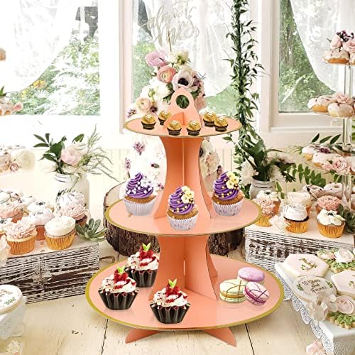 3-Tier Round Cupcake Stand, Cardboard Cupcake Tower, Dessert Cup Cake Stand Tower for Birthday Wedding Party, alternate view
