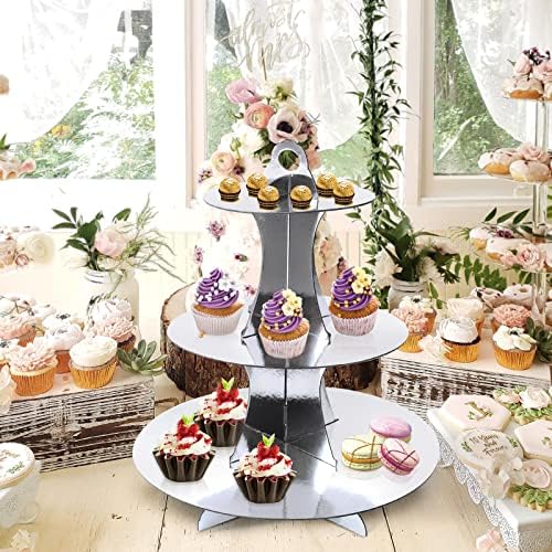 3-Tier Round Cupcake Stand, Cardboard Cupcake Tower, Dessert Cup Cake Stand Tower for Birthday Wedding Party, alternate view