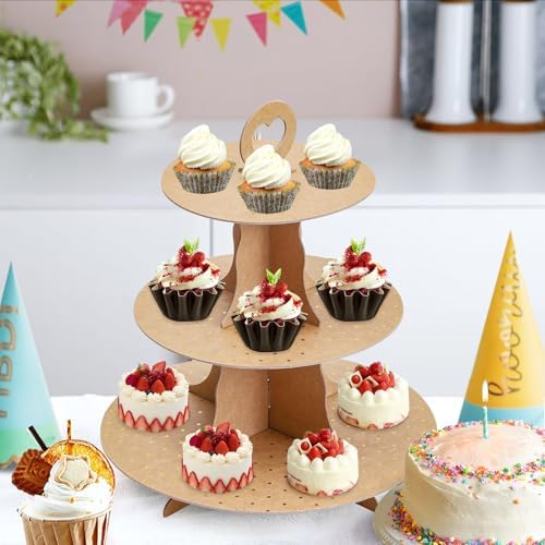 3-Tier Round Cupcake Stand, Cardboard Cupcake Tower, Dessert Cup Cake Stand Tower for Birthday Wedding Party, alternate view