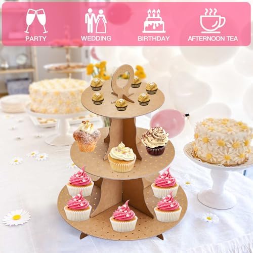3-Tier Round Cupcake Stand, Cardboard Cupcake Tower, Dessert Cup Cake Stand Tower for Birthday Wedding Party, alternate view