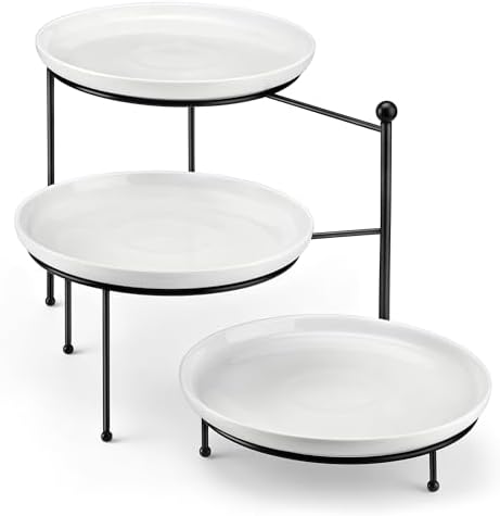 3 Tier Round Rotating Cupcake & Cake Stand, Porcelain Serving Tray in White