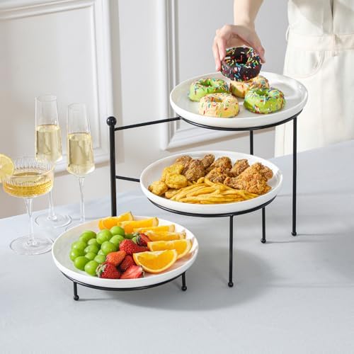 3 Tier Round Rotating Cupcake & Cake Stand, Porcelain Serving Tray in White, alternate view 2